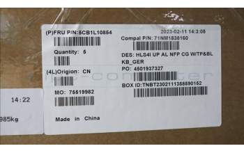 Lenovo 5CB1L10854 C-Cover with keyboard, German, Cloud Grey, Backlight, Non-Fingerprint, UK